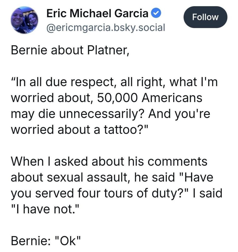 Bernie Sanders doubles down in support of candidate with Nazi tattoo - "You're worried about a tattoo? ... Have you served four tours of duty?"
