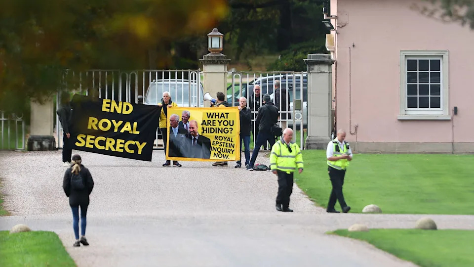 WINDSOR, ENGLAND - OCTOBER 21: Activists from the anti-monarchy group Republic, stage a protest at the gates to royal lodge where Prince Andrew lives on October 21, 2025 in Windsor, England. In a statement Prince Andrew confirmed that he will no longer use his royal titles or honours following continued accusations relating to his links to Jeffrey Epstein. (Photo by Peter Nicholls/Getty Images)