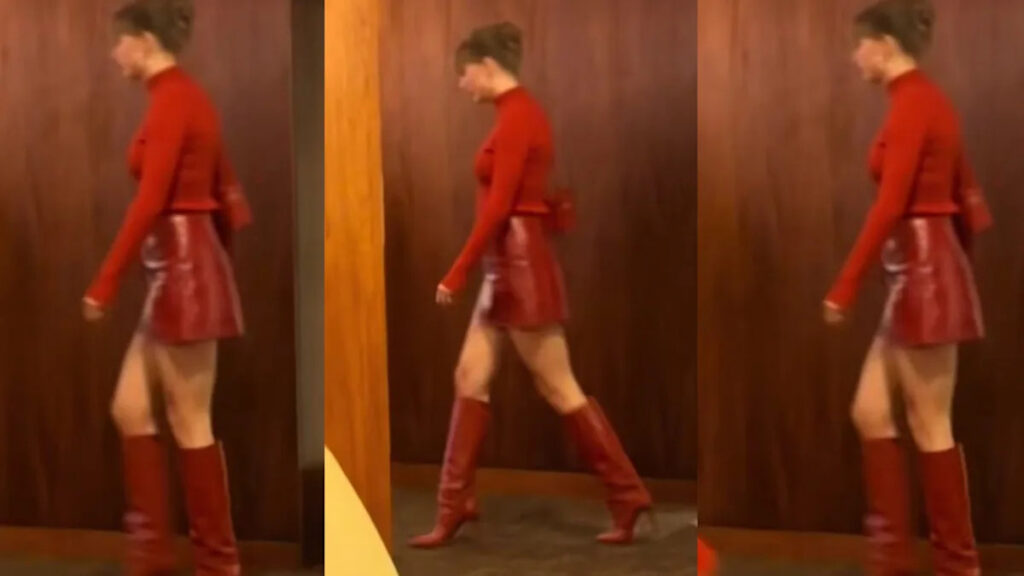 Taylor Swift Stuns in Red Turtleneck, Leather Skirt, and Knee-High Boots at Chiefs Game