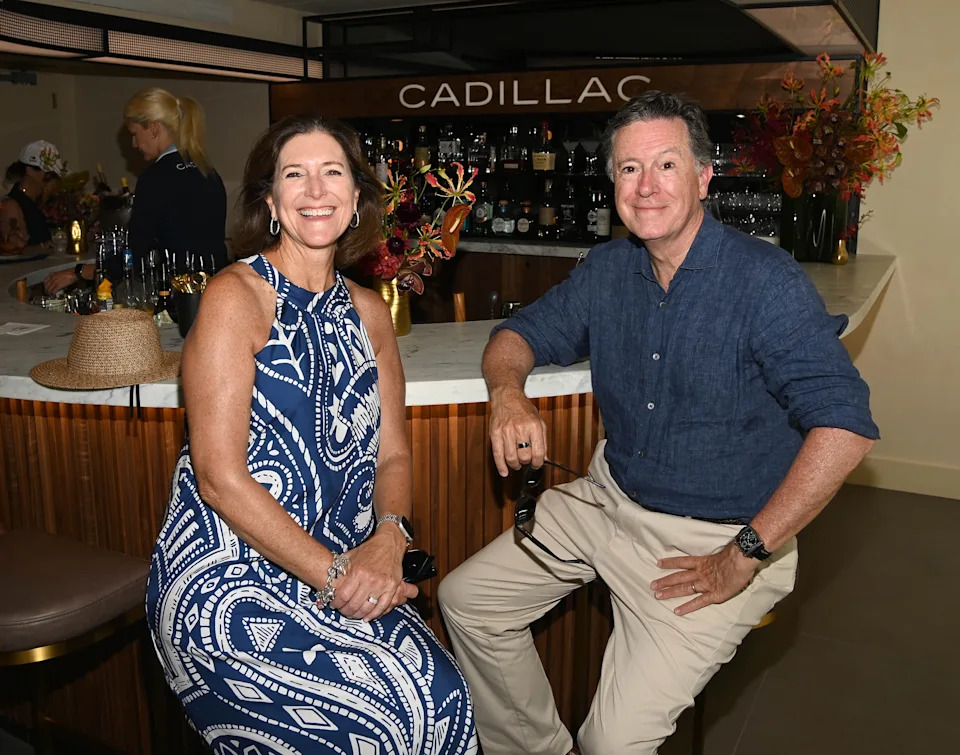 Evelyn McGee Colbert and Stephen Colbert seated at a bar