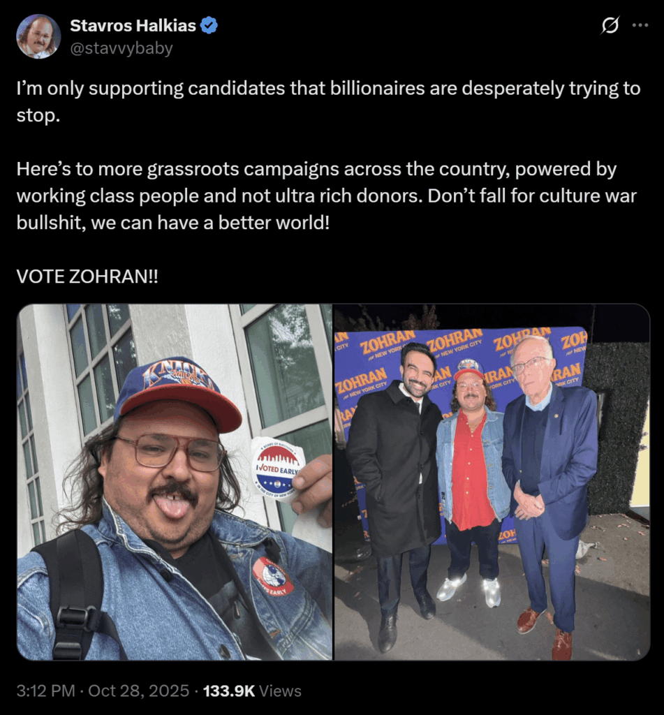 Sexy comedian Stavros Halkias: "I’m only supporting candidates that billionaires are desperately trying to stop."