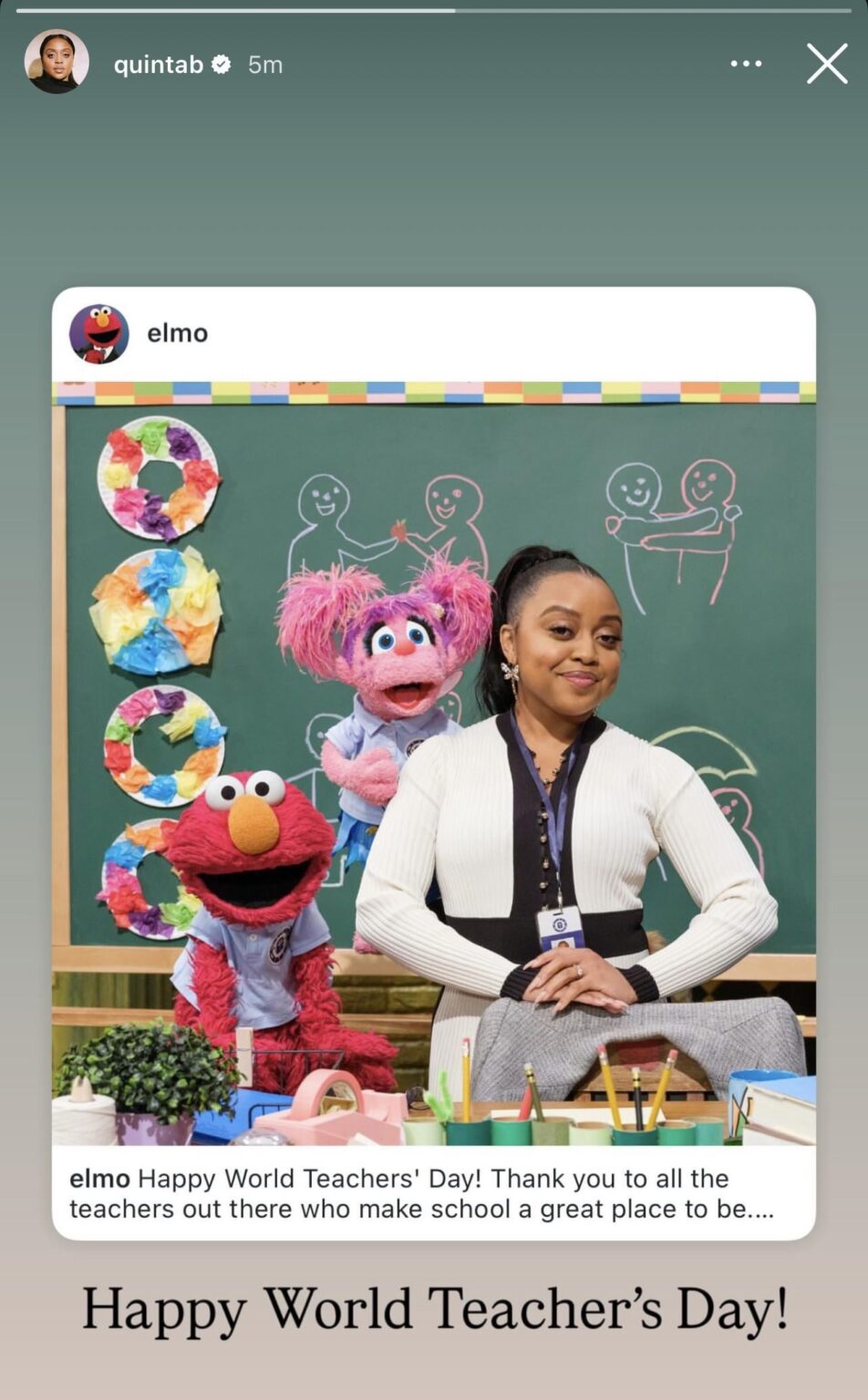Quinta Brunson and Elmo: “Happy World Teachers’ Day”