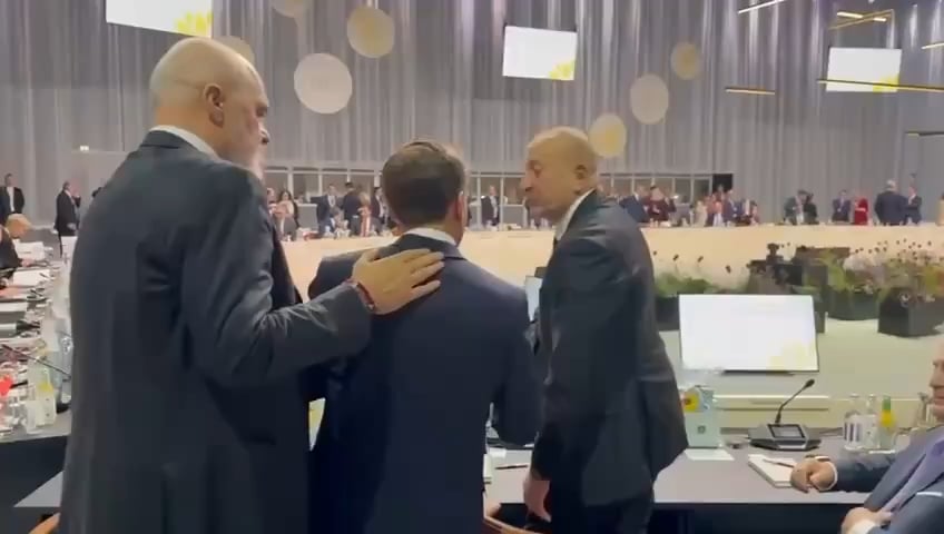 Prime Minister of Albania having a laugh with President of Azerbaijan and Macron about Trump repeatedly claiming that he ended the war between their two countries which were not at war with each other.