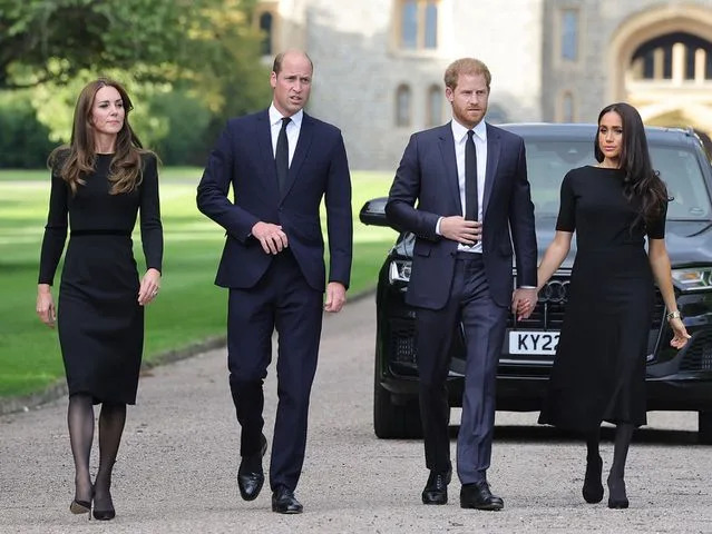 Chris Jackson/Getty Kate Middleton, Prince William, Prince Harry and Meghan Markle on the Long Walk at Windsor Castle on Sept. 10, 2025 following the death of Queen Elizabeth.
