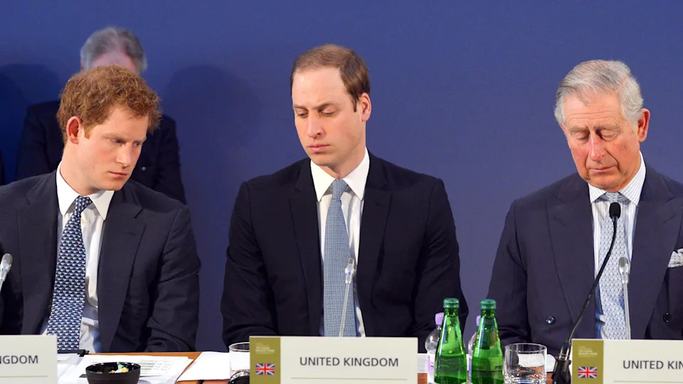 Prince Harry, Prince William, and King Charles look serious while wearing suits in 2014
