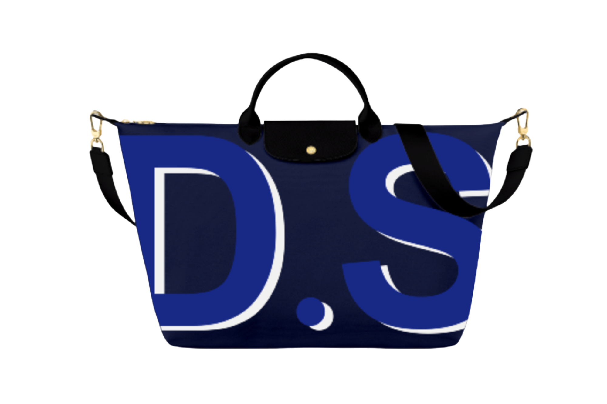 Illustration of a navy blue handbag with the letters "D.S" in blue and white.