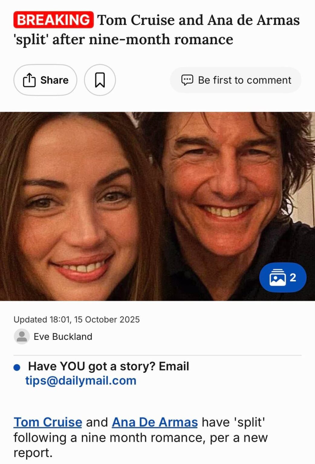 Tom Cruise and Ana de Armas have reportedly split after nine-month romance