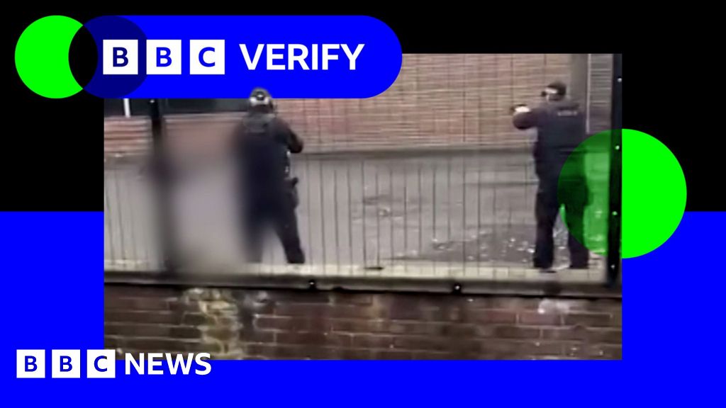 Two police officers are seen pointing their weapons at a man lying on the ground who is blurred