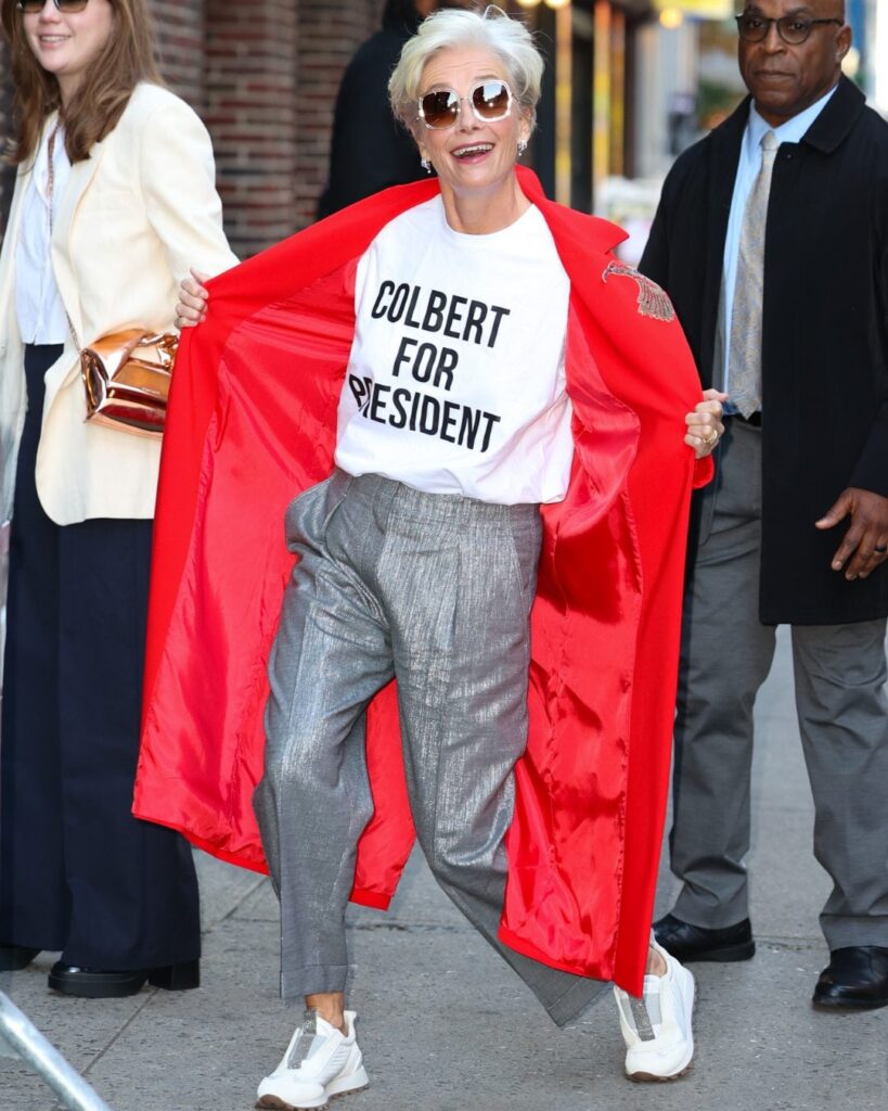 Emma Thompson wore a 'COLBERT FOR PRESIDENT" t-shirt as she arrived to 'The Late Show With Stephen Colbert' in New York City. (October 27, 2025)