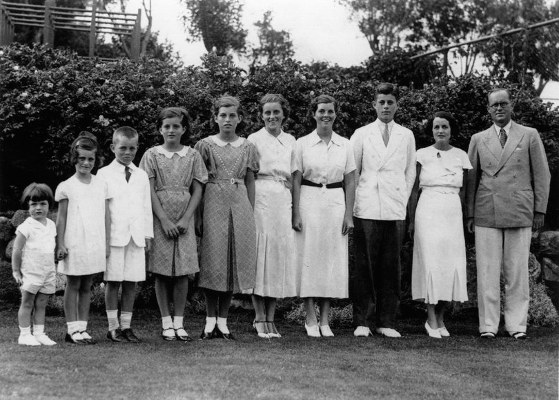 Joseph Patrick Kennedy (right) with his wife Rose Kennedy (second from right) and eight of their nine children, in London. From left: Edward, Jeanne, Robert, Patricia (1924 - 2006), Eunice, Kathleen, Rosemary and John F Kennedy who later became the 35th President of the United States.