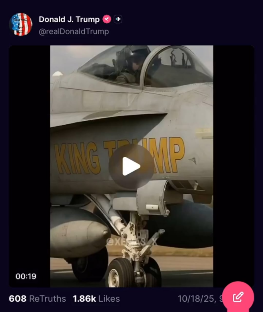 Trump posts insane video of himself as a king flying a jet that drops feces on protestors below. Seriously