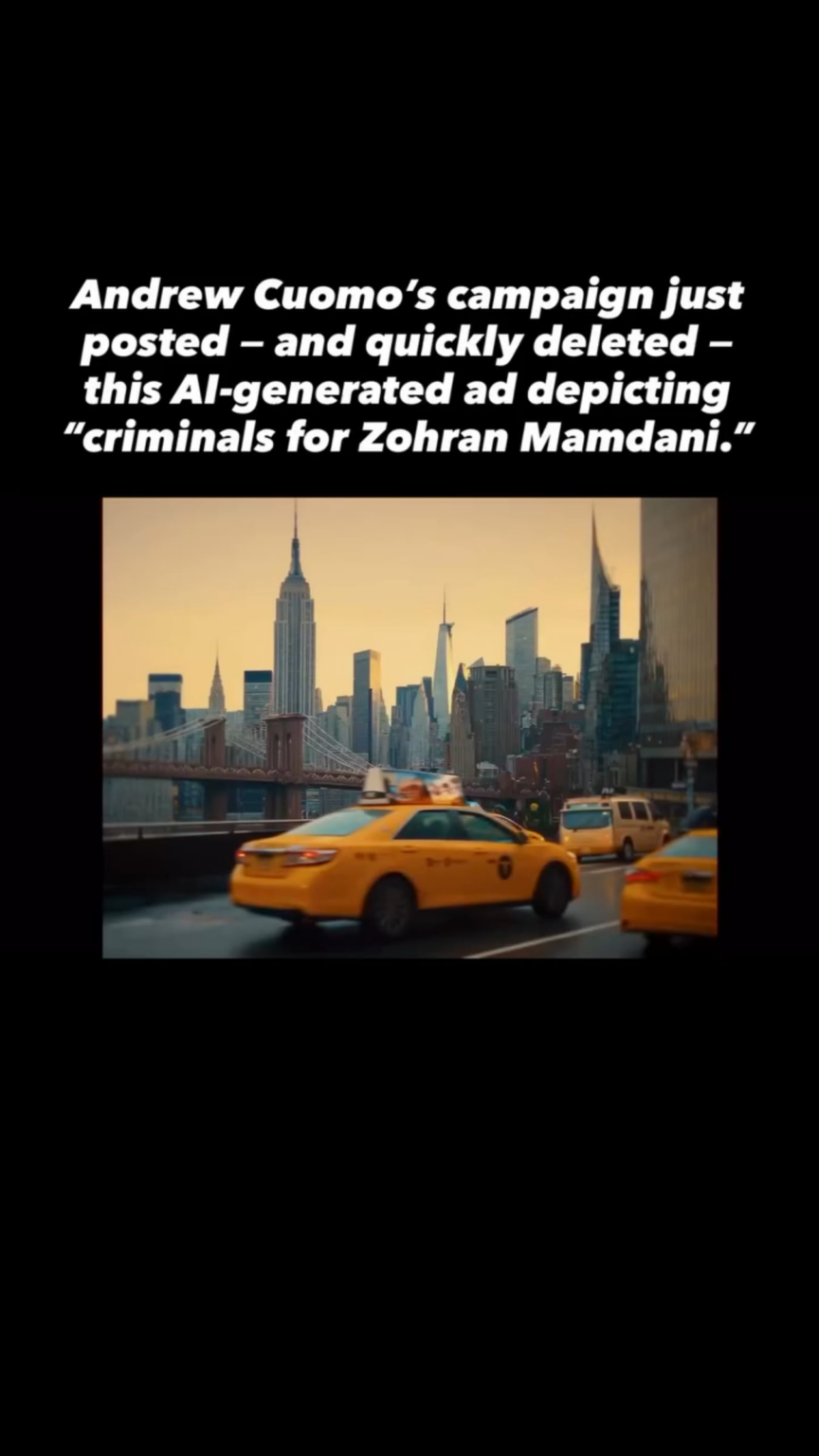 Andrew Cuomo’s campaign posted and quickly deleted this Al-generated ad depicting a Black man in a keffiyeh shoplifting, an abuser, a trespasser, a trafficker, a drug dealer, and a drunk driver all declaring support for Mamdani Andrew Cuomo's campaign posted and quickly deleted this Al-generated ad depicting a Black man in a keffiyeh shoplifting, an abuser, a trespasser, a trafficker, a drug dealer, and a drunk driver all declaring support for Mamdani
