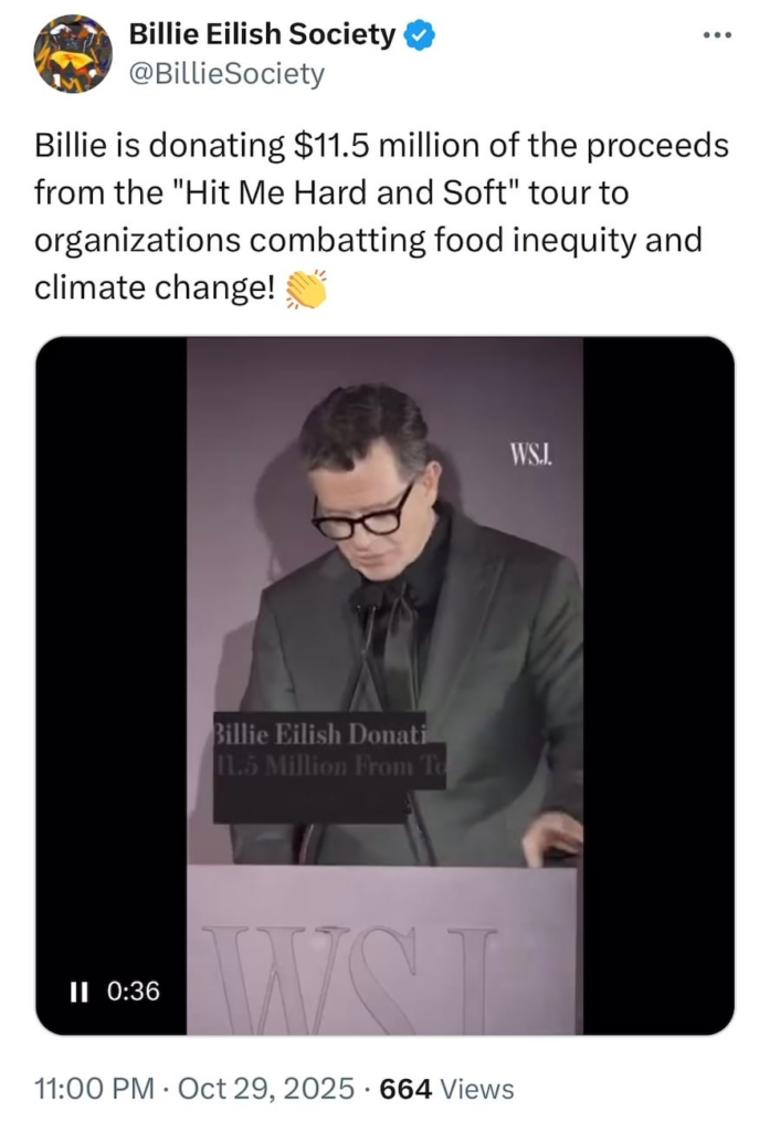 Billie Eilish is donating $11.5 million of the proceeds from the "Hit Me Hard and Soft" tour to organizations combatting food inequity and climate change