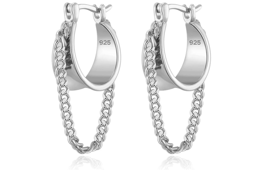 Pair of silver hoop earrings with a dangling chain and "925" stamped on the side.