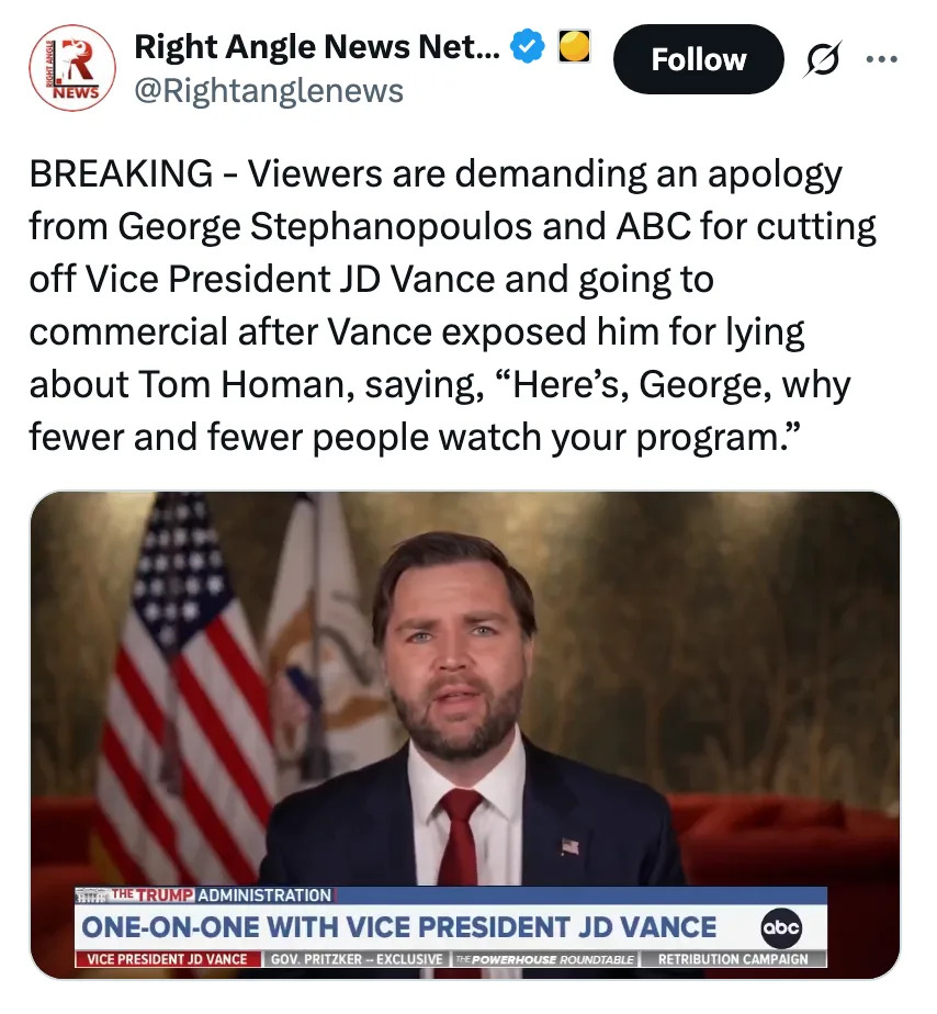 News post claims viewers want an apology from George Stephanopoulos and ABC for cutting off JD Vance. Vance allegedly exposed Tom Homan's lie