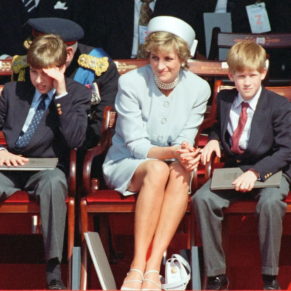  King Charles, Prince William, Princess Diana, and Prince Harry on the 50th anniversary of VE Day on May 7, 1995. 