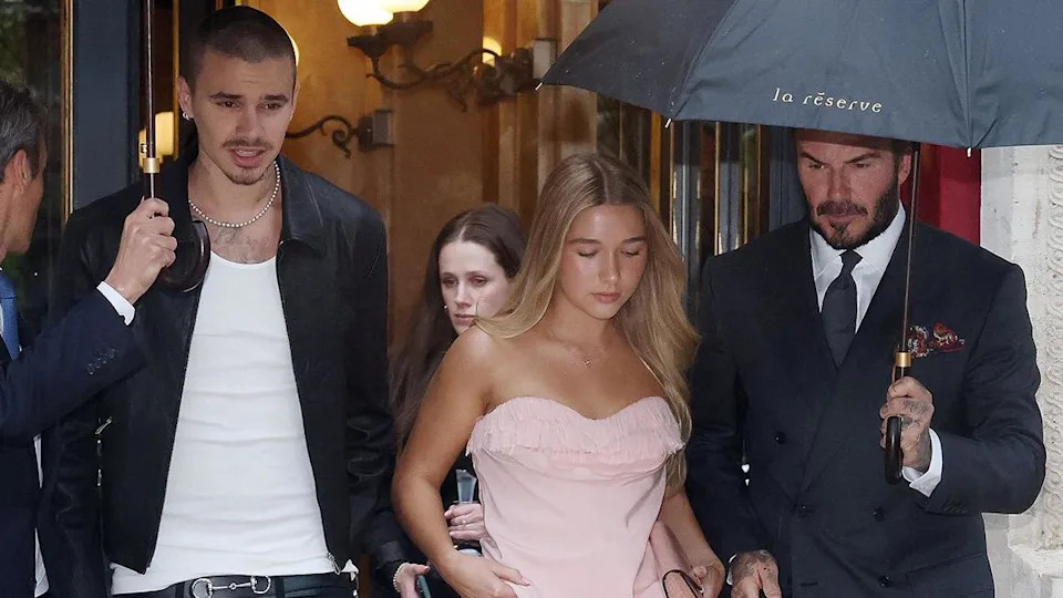 David Beckham, Romeo Beckham and Harper Beckham leaving their hotel ahead of the Victoria Beckham Fashion show during the Womenswear Spring Summer 2026 as part of Paris Fashion Week on October 03, 2025 in Paris, France.
