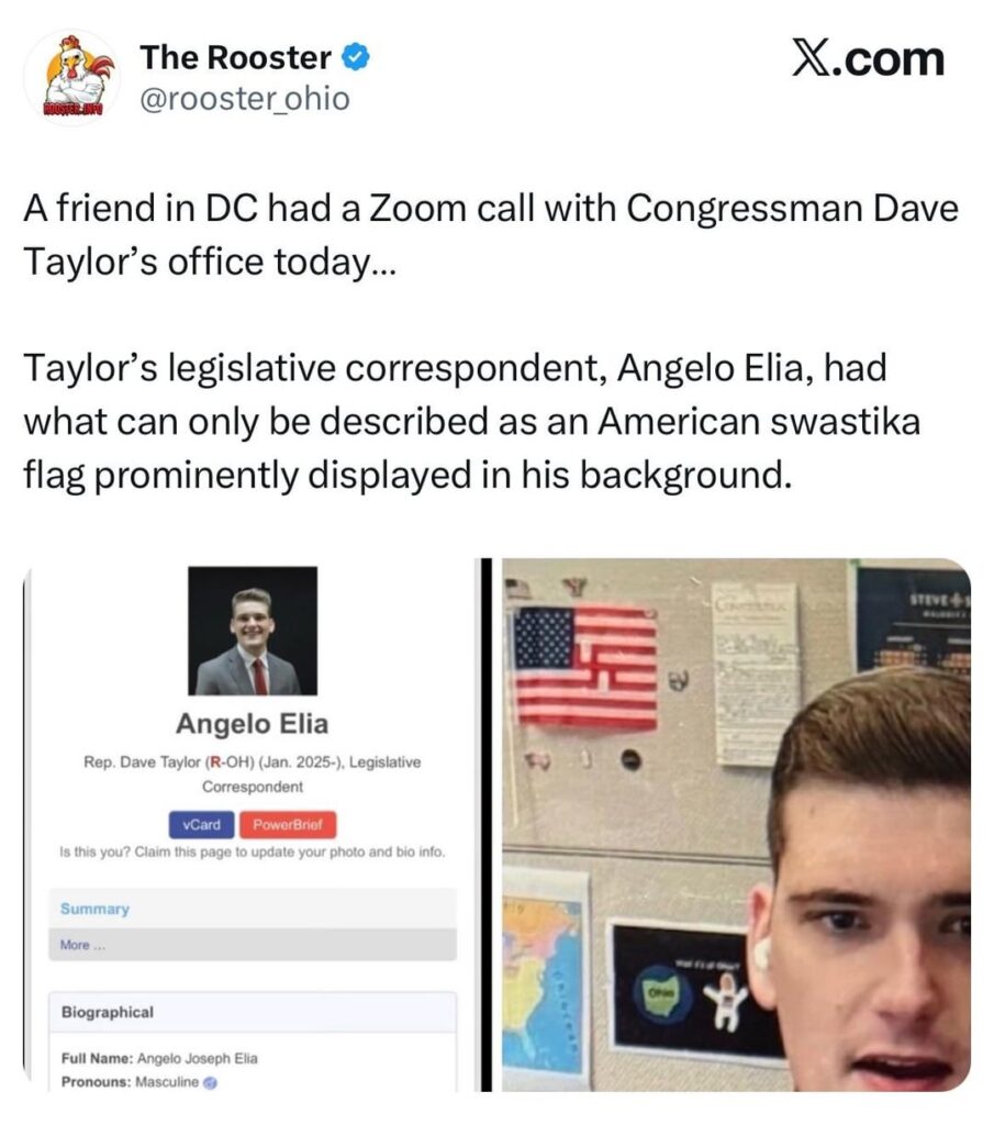 Republican congressman Dave Taylor’s legislative correspondent, Angelo Elia, had an American swastika flag prominently displayed during Zoom call
