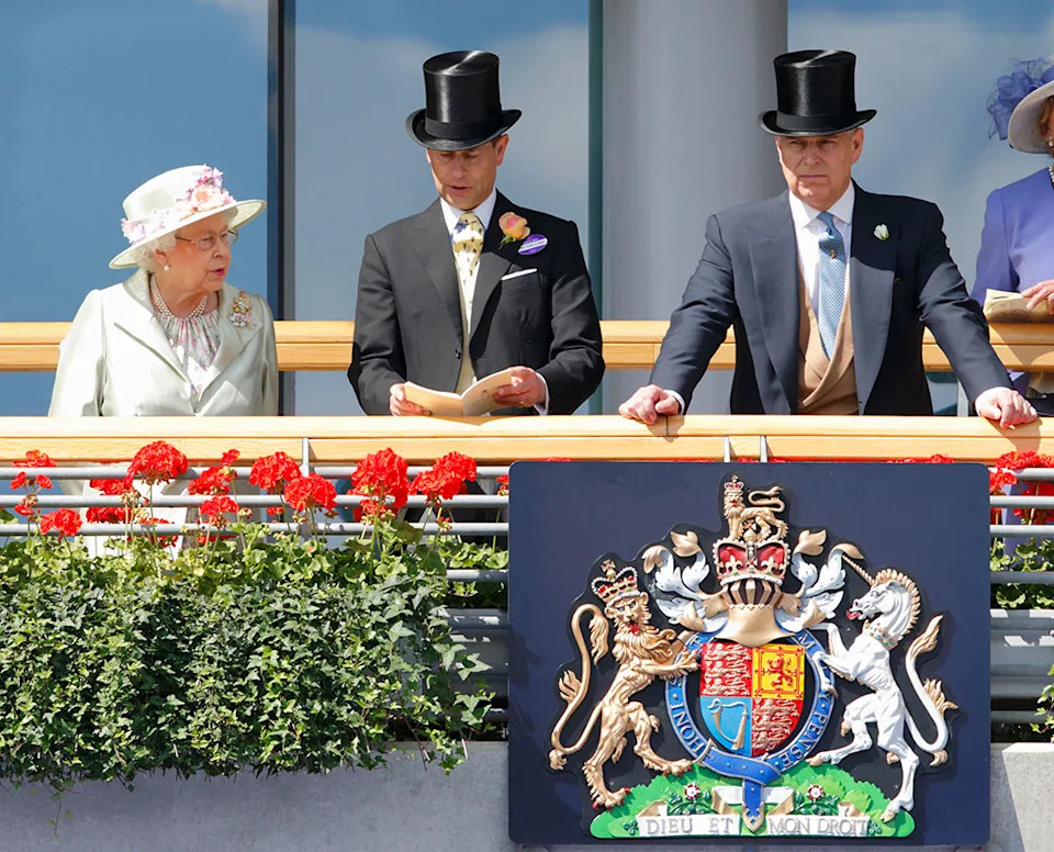 Queen Elizabeth II, Prince Edward and Prince Andrew at Royal Ascot with coat of arms, 2014
