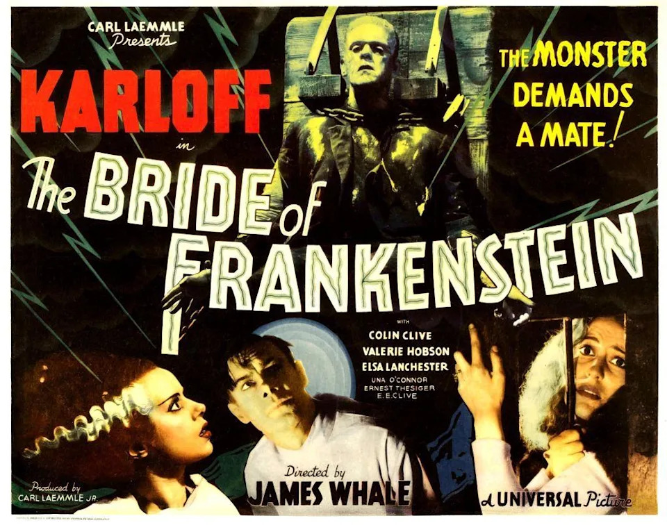 A vintage film poster of the 1935 Bride of Frankenstein movie. It shows a picture of Lanchester, with her beehive, and her name below the title. 