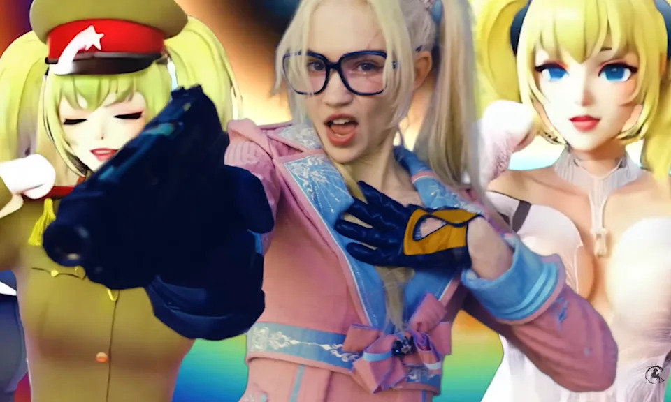 Person in colorful, eclectic outfit with glasses and gloves, flanked by two animated characters with distinct costumes