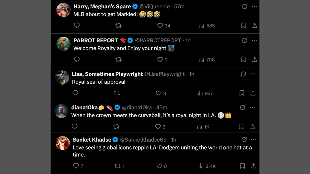 Image via MLB/X (screengrab) Fans react to Meghan Markle and Prince Harry attending Game 4