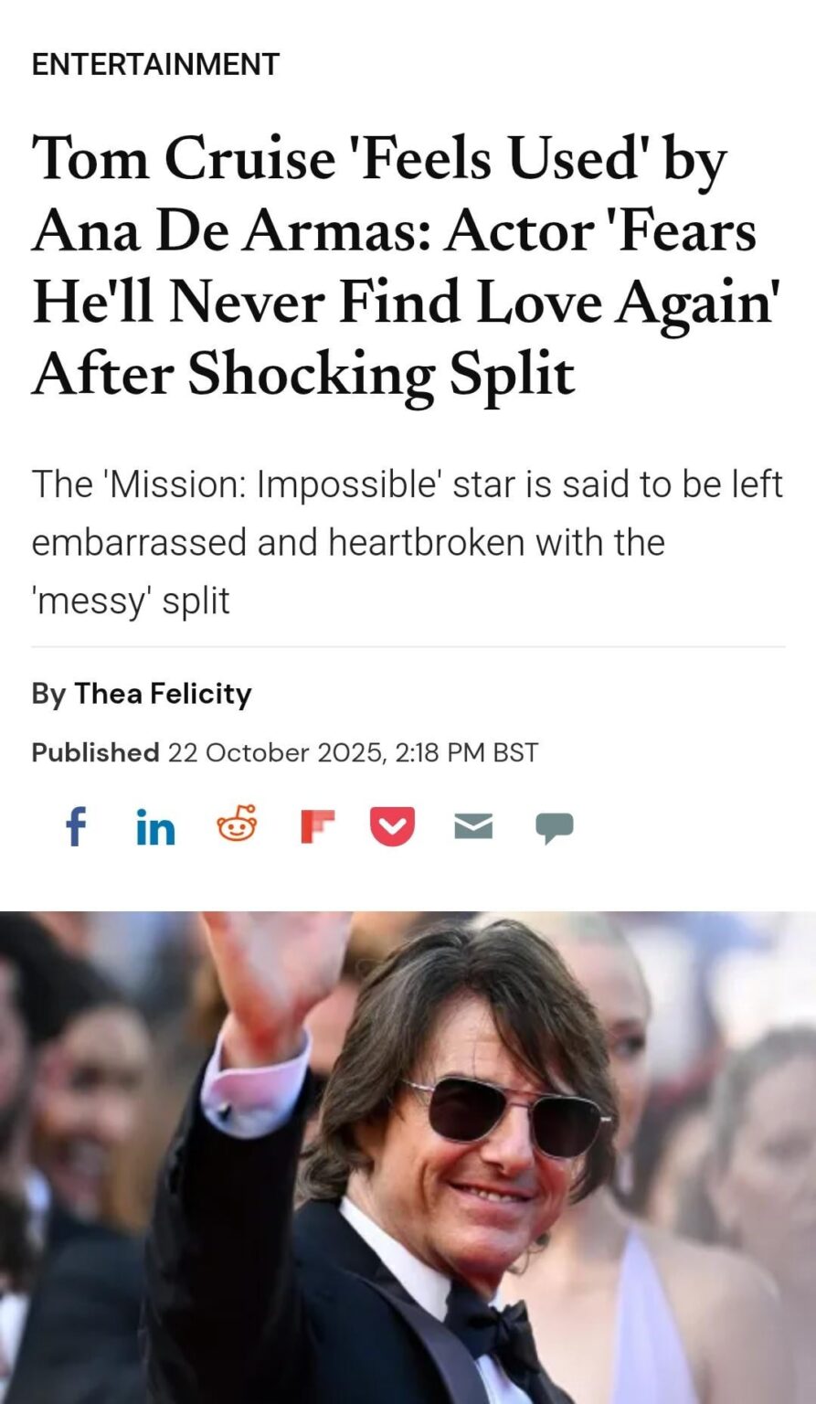 Tom Cruise 'Feels Used' by Ana De Armas: Actor 'Fears He'll Never Find Love Again' After Shocking Split