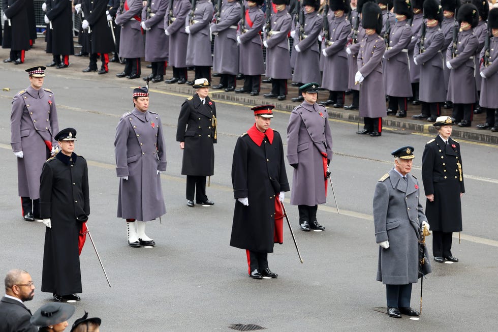 london, england november 12: prince william, prince of wales, king charles iii and princess anne, princess royal during the national service of remembrance at the cenotaph on november 12, 2023 in london, england. every year, members of the british royal family join politicians, veterans and members of the public to remember those who have died in combat. (photo by chris jackson/getty images)