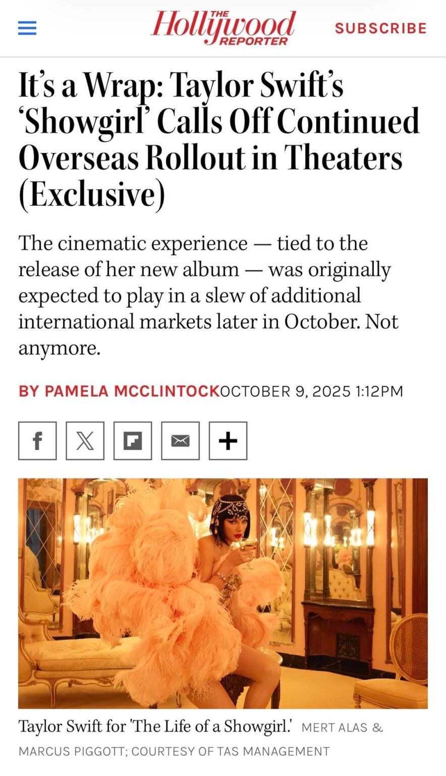 It’s a Wrap: Taylor Swift’s ‘Showgirl’ Calls Off Continued Overseas Rollout in Theaters. The cinematic experience — tied to the release of her new album — was originally expected to play in a slew of additional international markets later in October. Not anymore.