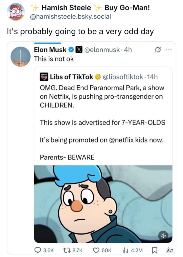 ‘Dead End: Paranormal Park’ creator, Hamish Steele, receiving homophobic and antisemitic emails after Elon Musk says Cancel Netflix due to show’s transgender character and because the creator criticized British Prime Minister Keir Starmer’s tweet mourning Charlie Kirk’s death