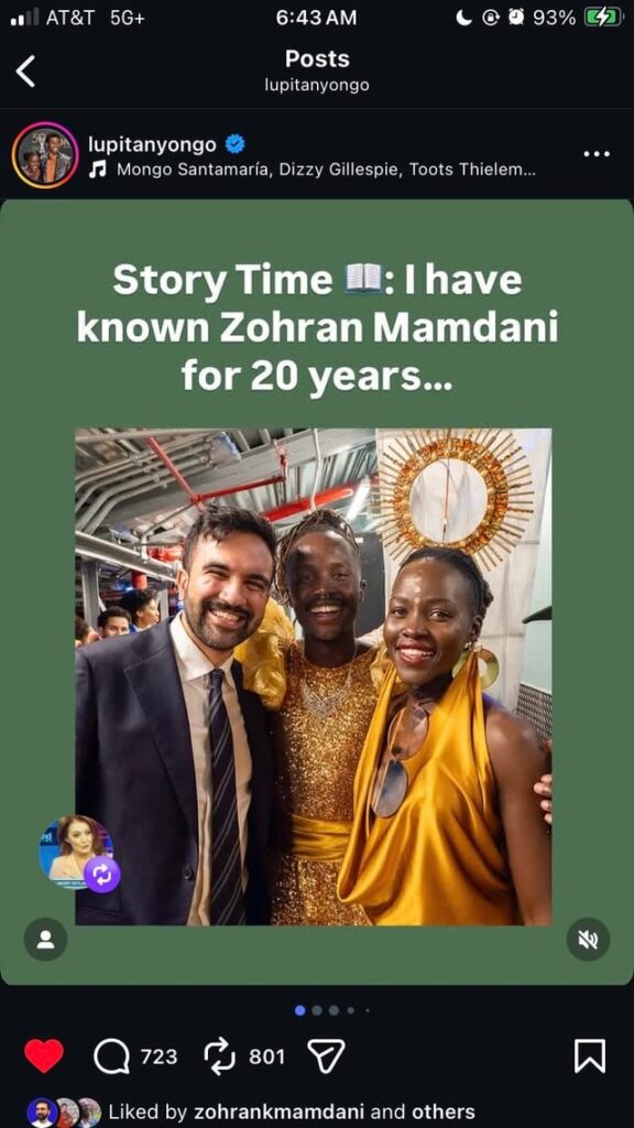 Lupita Nyong'o says she has known Zohran Mamdani for years, and she voted for him: "I believe he possesses the personality, skills, and temperament to be an excellent mayor of New York City"