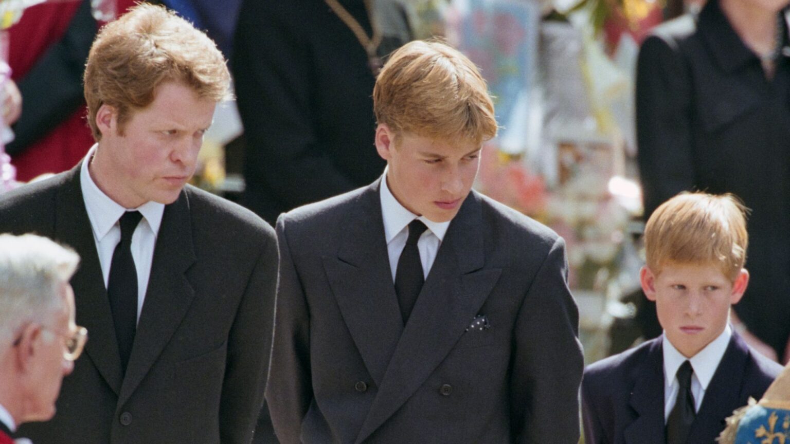 Princess Diana's brother, Charles Spencer, 9th Earl Spencer, and her sons, Prince William and Prince Harry, at her funeral service at Westminster Abbey on September 6, 1997