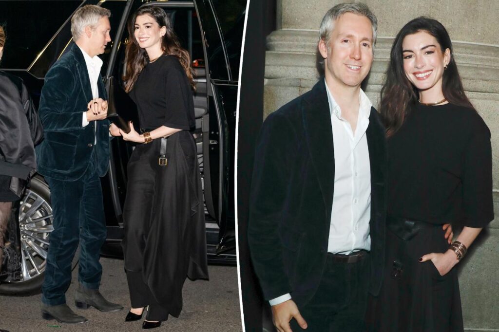 Anne Hathaway enjoys rare public date night with husband Adam Shulman in NYC Anne Hathaway enjoys rare public date night with husband Adam Shulman in NYC