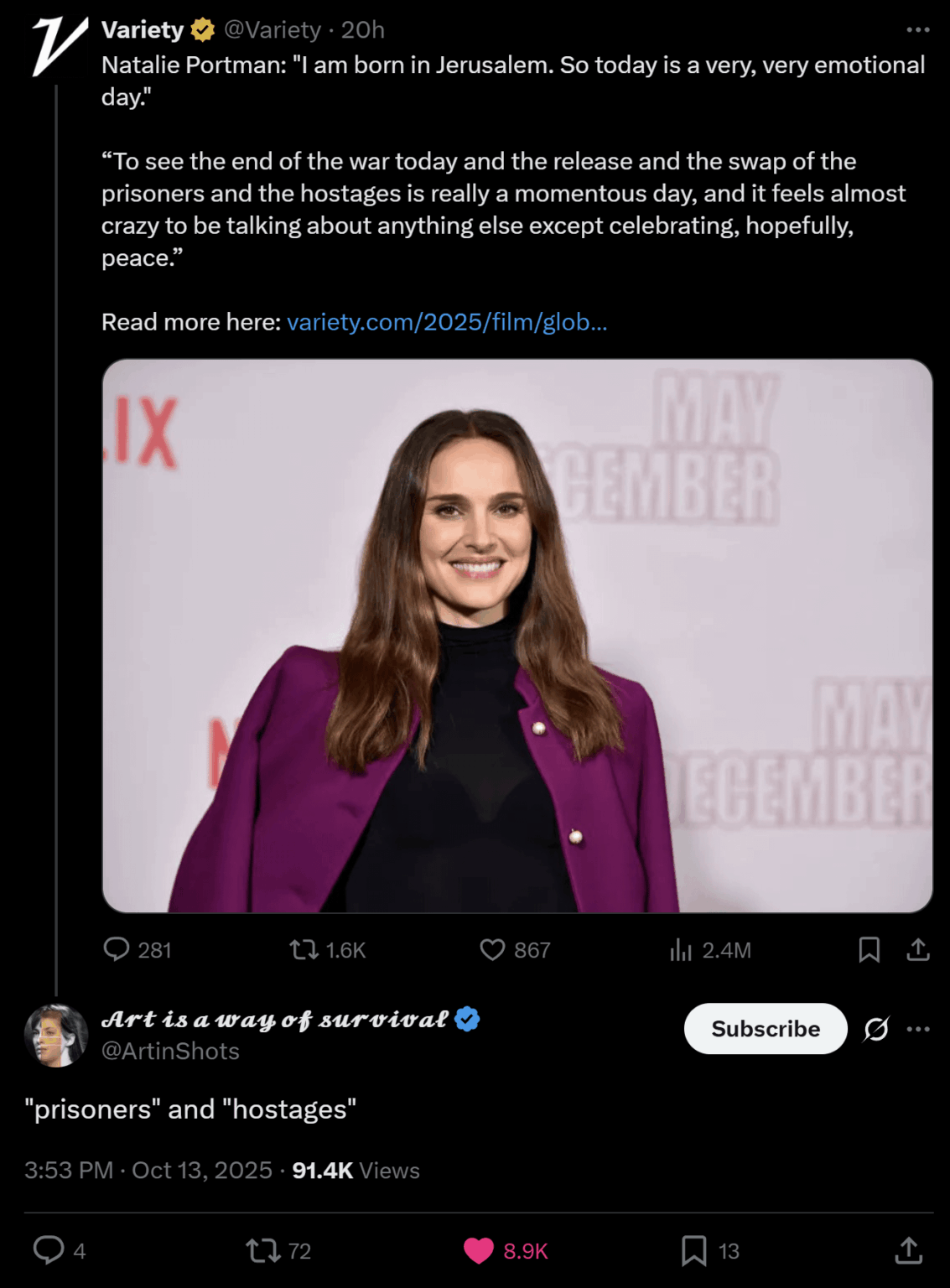 Natalie Portman reflects on the release of Israeli hostages and Palestinian prisoners