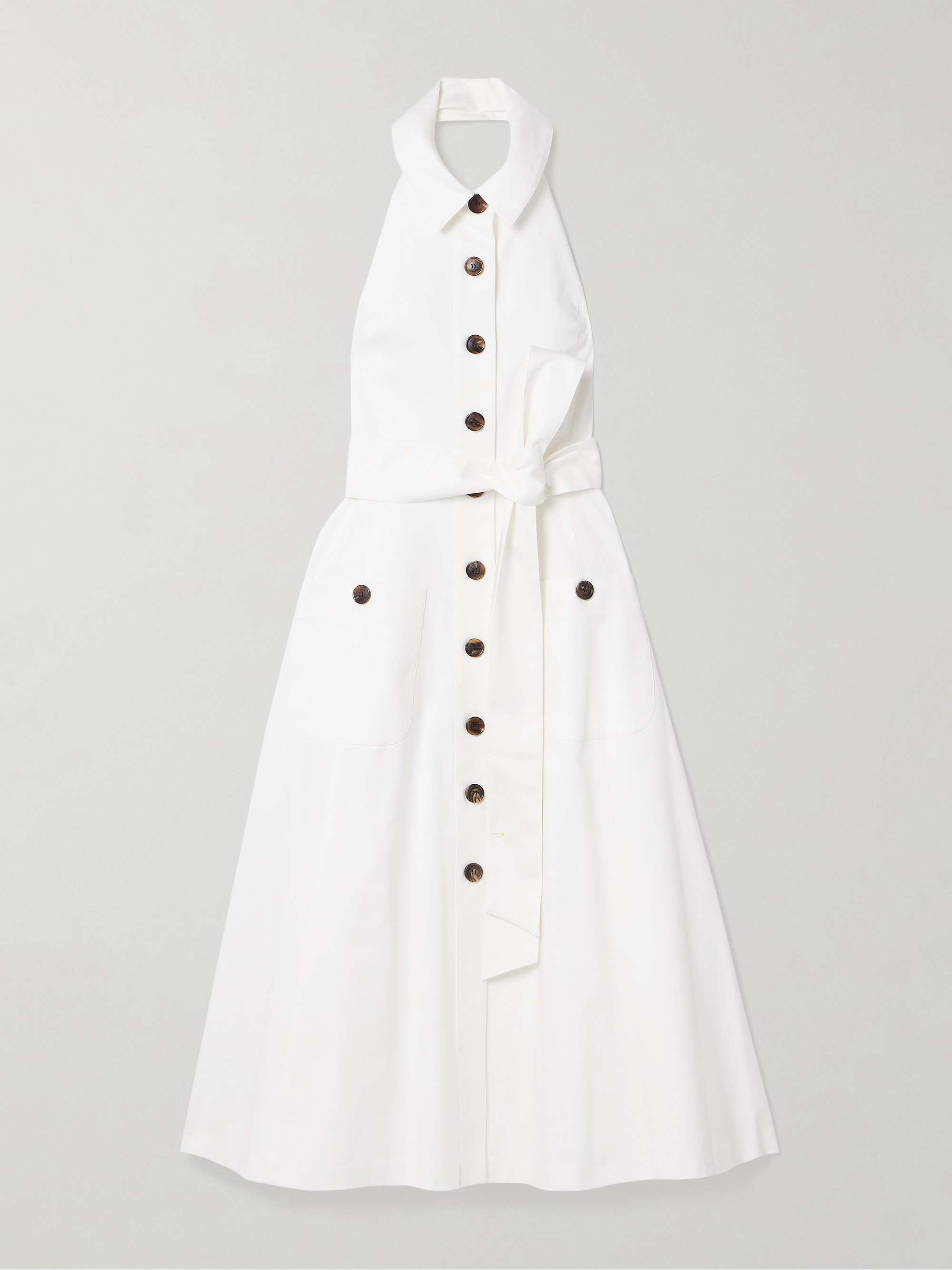 Belted Cotton-Blend Sateen Halterneck Midi Shirt Dress