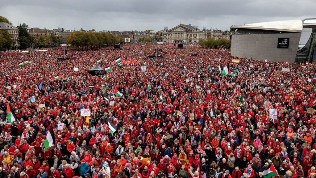 Over 250,000 pro-Palestine protesters demonstrated in Amsterdam on October 5 as part of a massive “Red Line” protest, calling on the Dutch government to take stronger action against Israel’s ongoing genocide in Gaza.