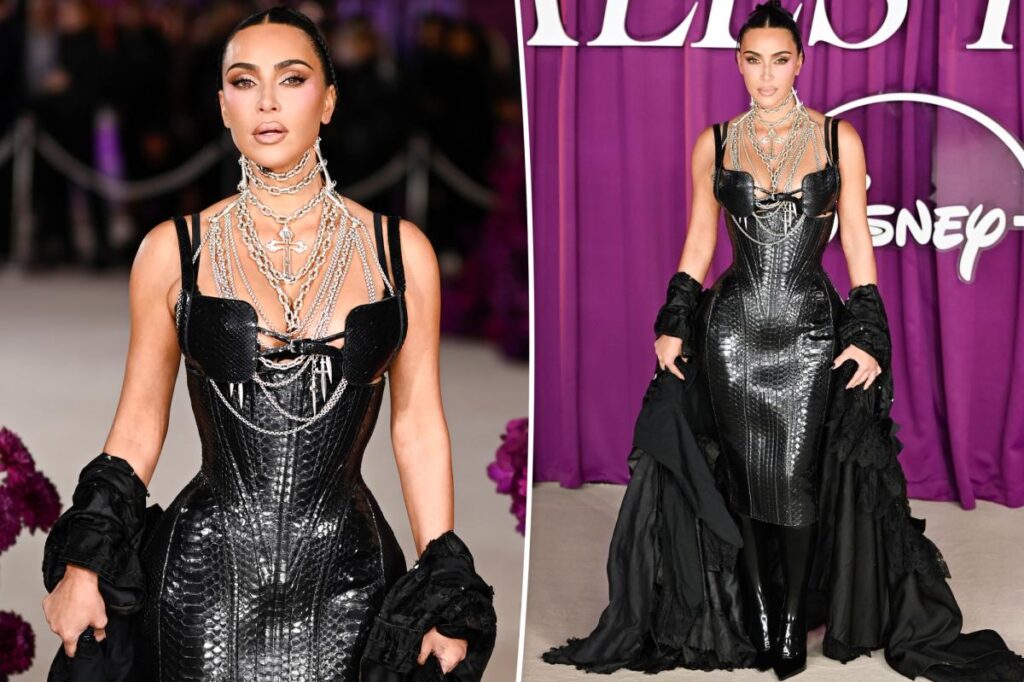 Kim Kardashian wears black leather Dilara Findikoglu dress at London premiere of ‘All’s Fair’ Kim Kardashian wears black leather Dilara Findikoglu dress at London premiere of 'All's Fair'