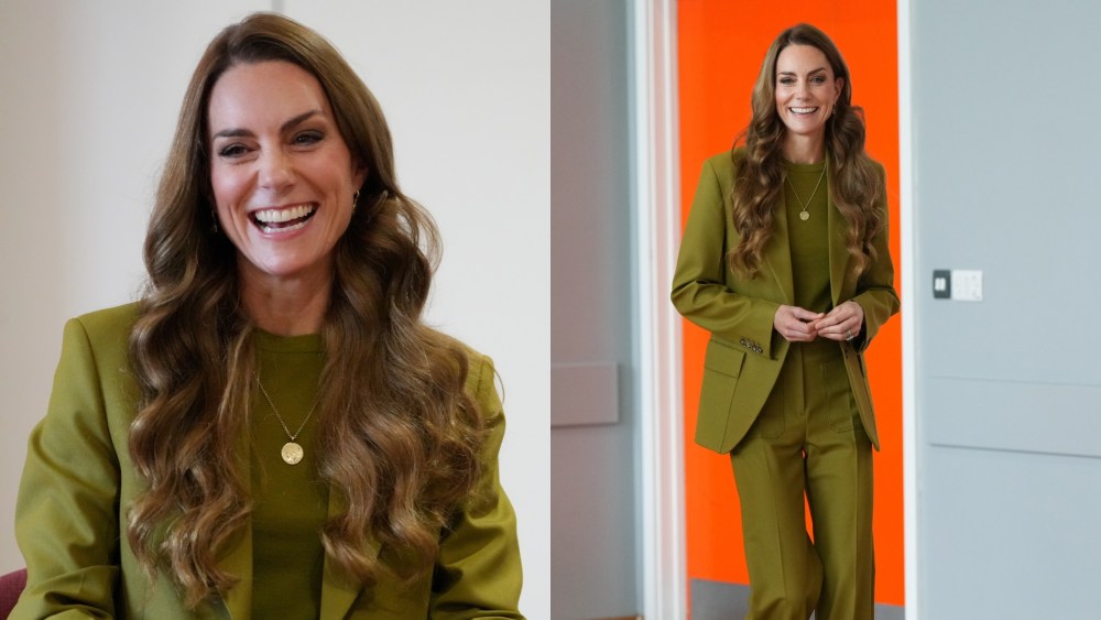 Kate Middleton wears a Victoria Beckham suit in willow green to meet families, along with the volunteers who support them, during her visit to Home-Start Oxford on Oct. 9, 2025 in Oxford, England.