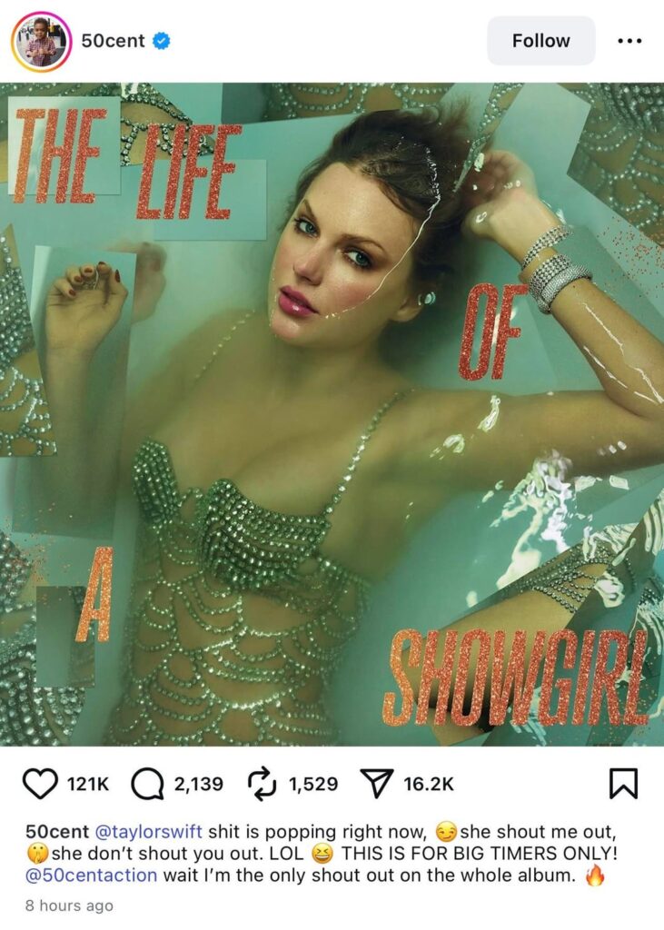 Alleged rapist and domestic abuser, 50 Cent, celebrates being mentioned on Taylor Swift’s new album