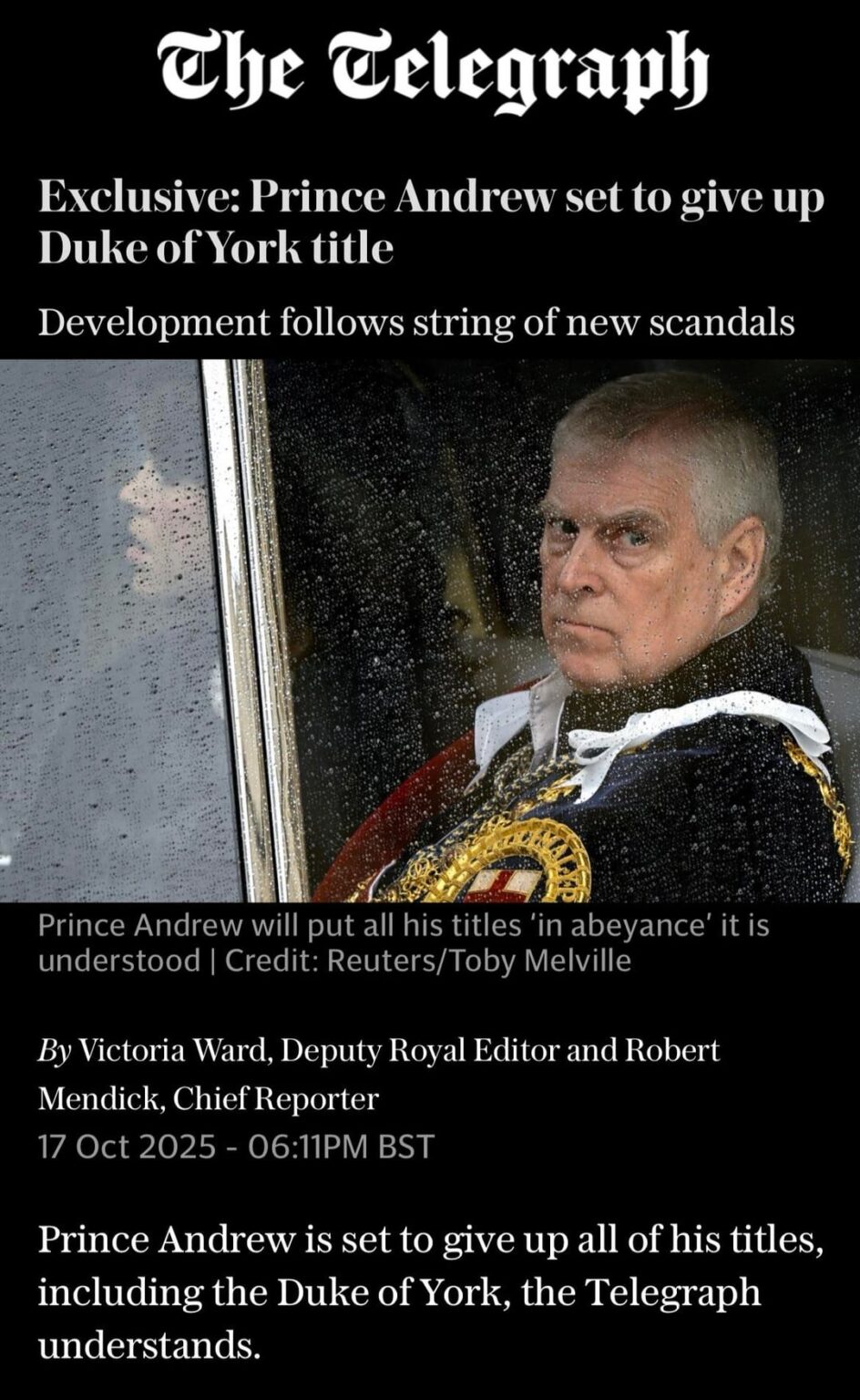 Exclusive: Prince Andrew set to give up Duke of York title