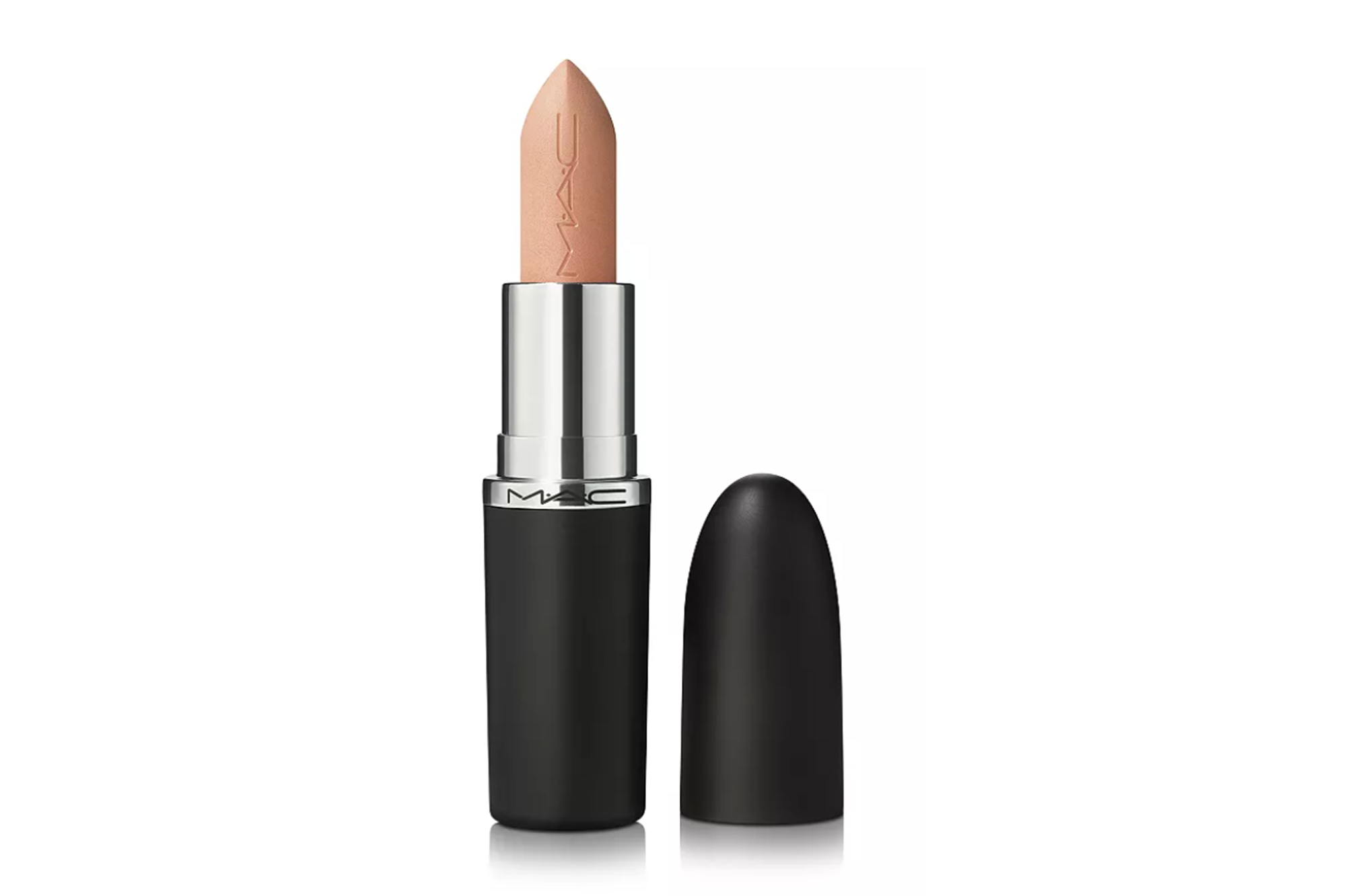 MAC matte nude lipstick, with the cap off, and the cap resting next to the lipstick.