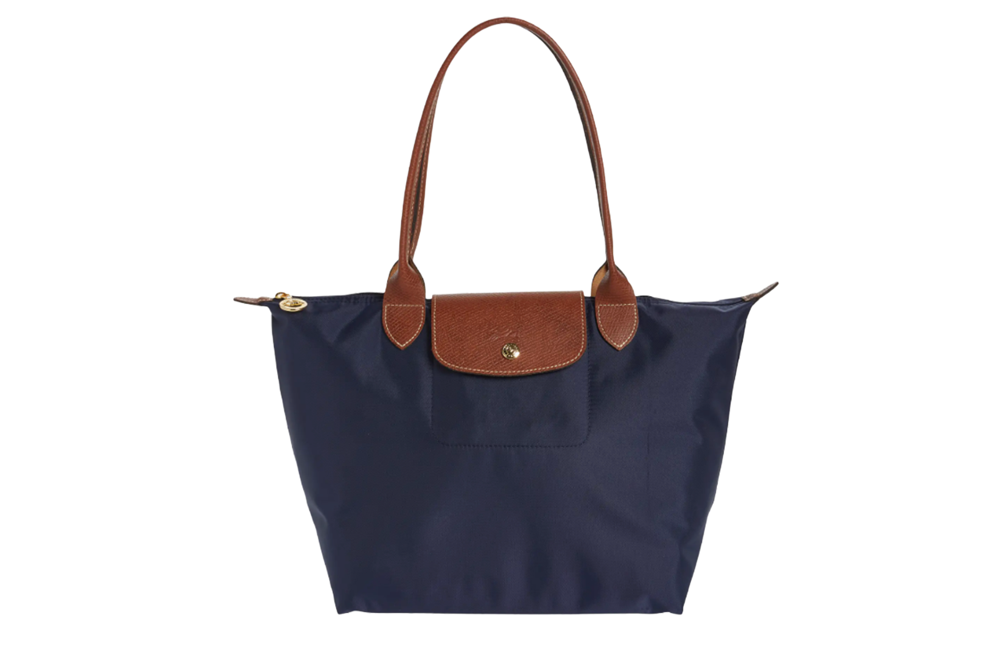 Navy blue tote bag with brown leather handles and flap closure.