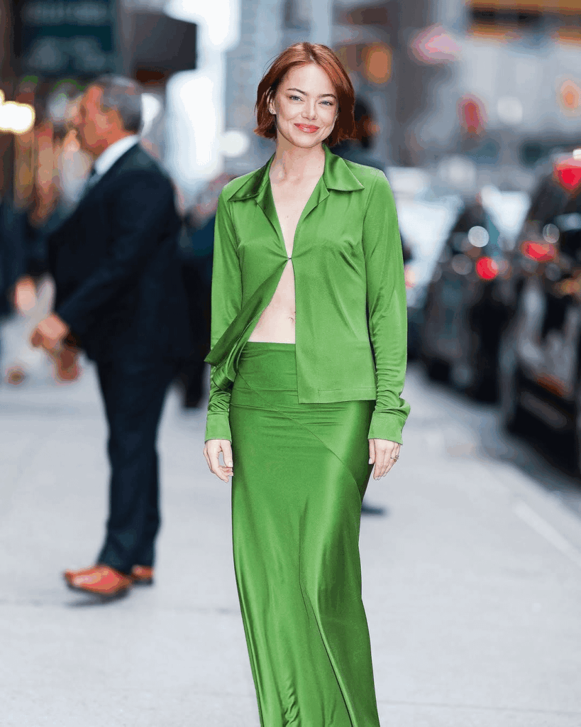 Emma Stone for The Late Show with Stephen Colbert, recreating Gwyneth Paltrow's iconic look from “Great Expectations" (1998) — Look 40 from Donna Karan’s Spring 1996 collection.