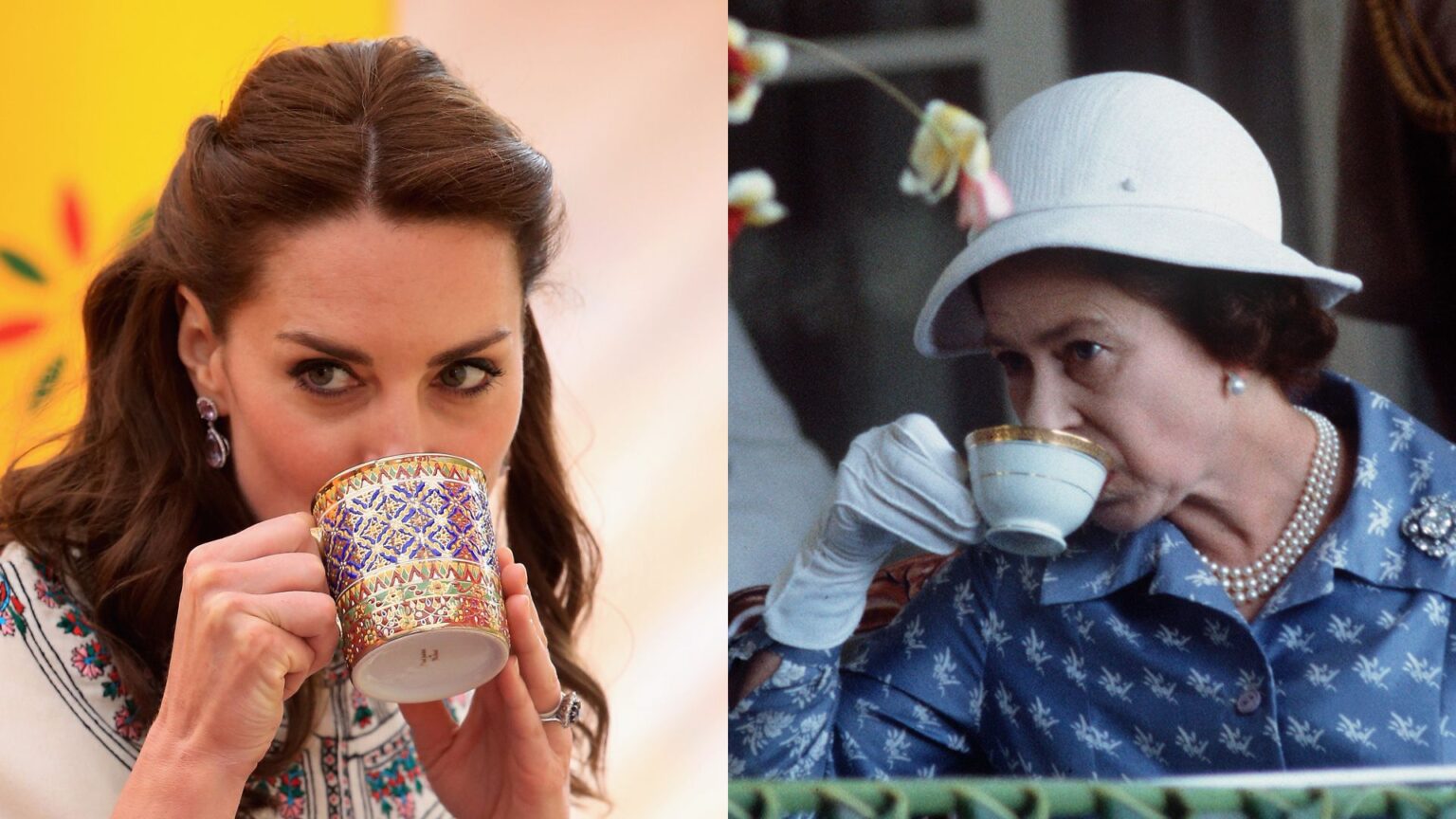 Former Royal Butler Reveals the Unusually “Strict Etiquette” Surrounding One Drink Served at the Palace Kate Middleton drinking out of a coffee mug; Queen Elizabeth wearing a white hat and blue dress drinking from a tea cup
