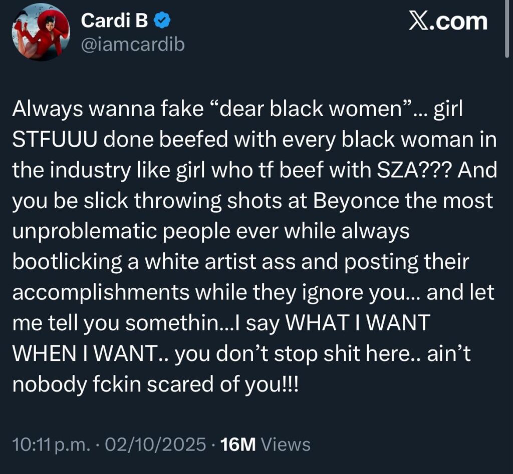 Cardi B calls out Nicki Minaj for always beefing with black women while bootlicking white artists, even tho largely ignore her existence
