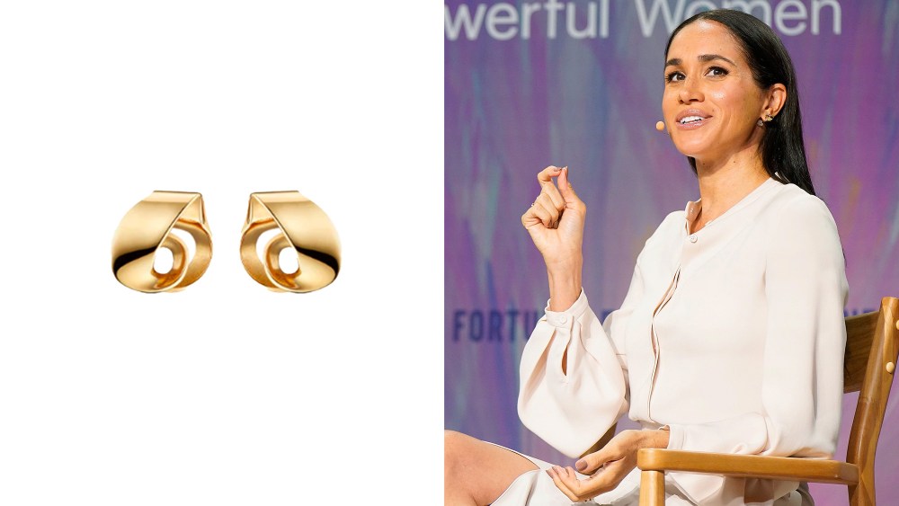 Meghan Markle’s Chic Polène Earrings Look: Price, How to Shop pair of gold earrings from brand polene over white background; meghan markle sitting while giving a speech, wearing the earrings