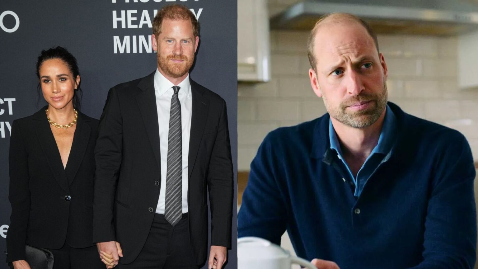 Prince Harry and Meghan Markle wearing black suits; Prince William wearing a blue sweater and fighting back tears