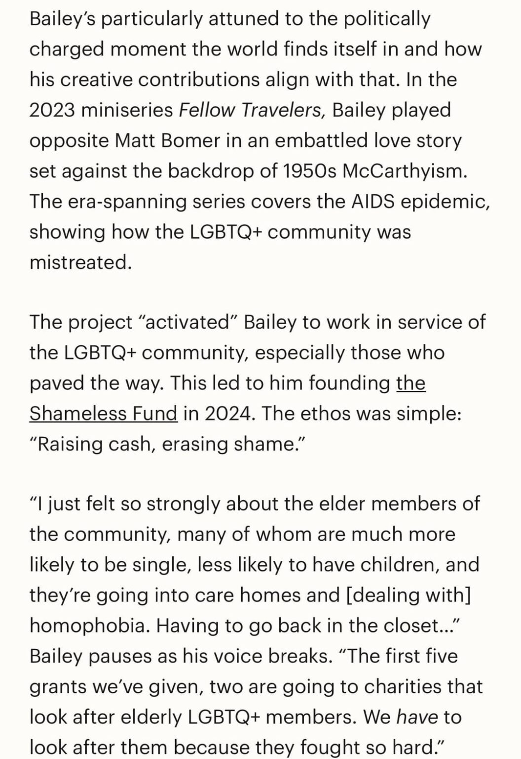 Jonathan Bailey on supporting  elderly LGBTQ+ members through the Shameless Fund he founded: “We have to look after them because they fought so hard.”