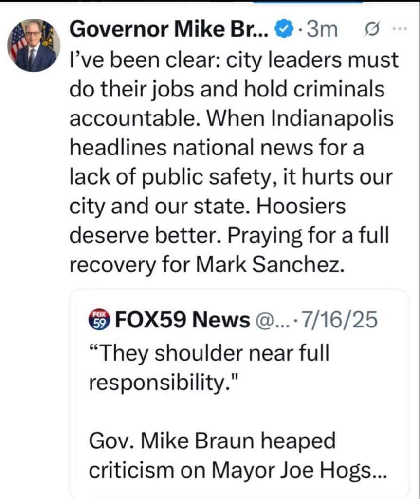 Indiana Governor and Lieutenant Governor quickly criticizing the Democrat leaders of Indianapolis after Mark Sanchez was reportedly stabbed. These posts were deleted after it was revealed Mark Sanchez was the assailant.