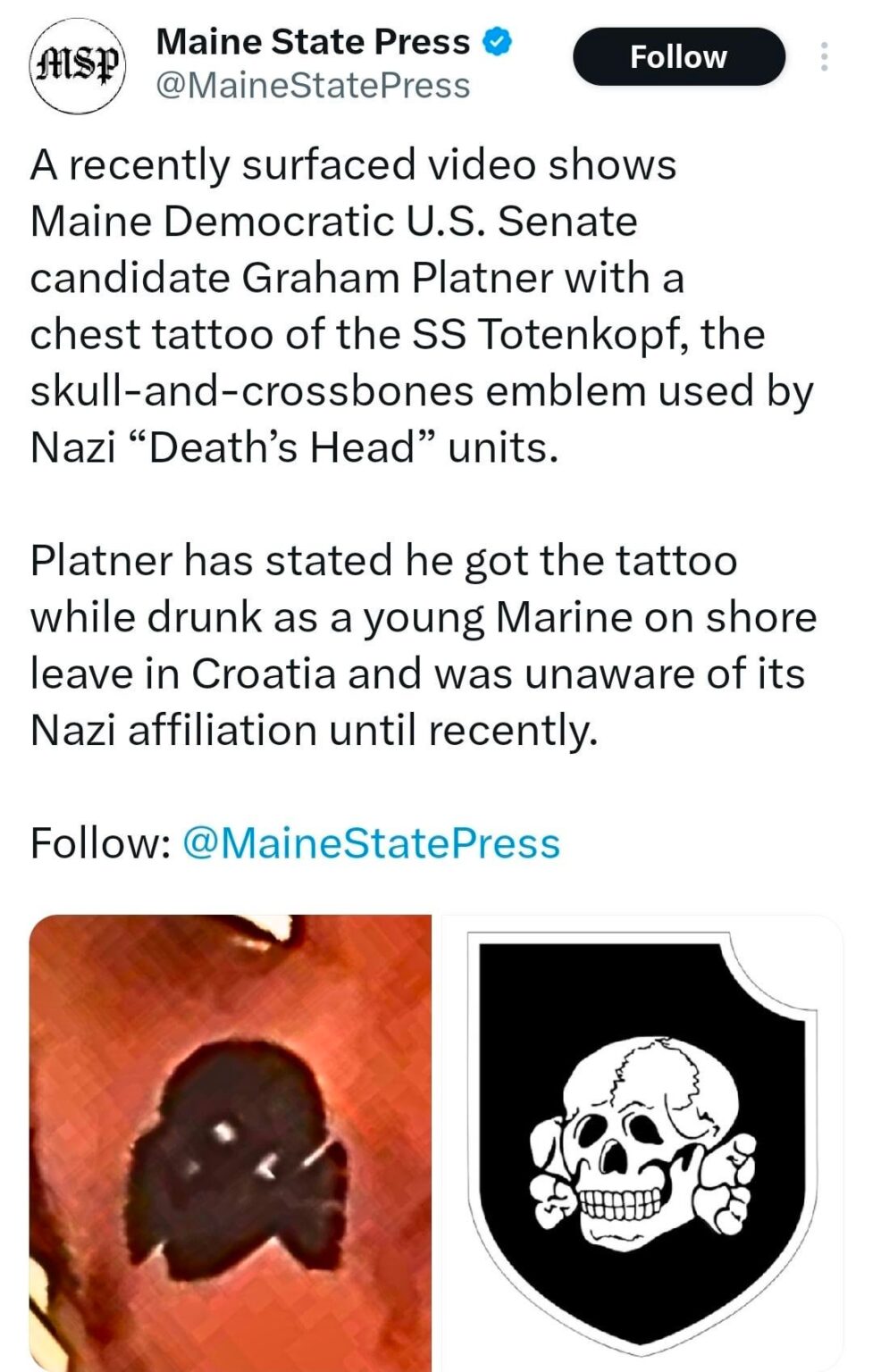 Footage emerges of shirtless Senate candidate Graham Platner revealing he has a Nazi death squad tattoo